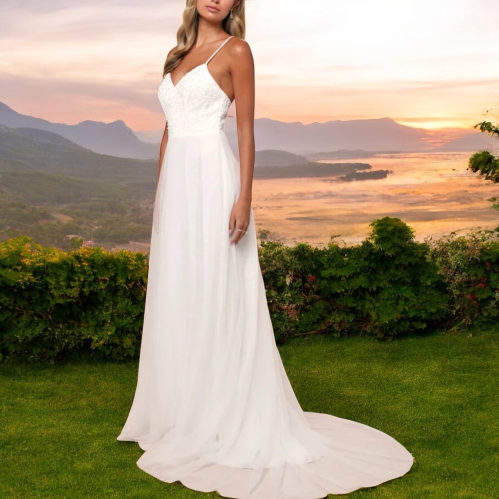 NWT Lulus XL white lace pearl beaded bodice wedding dress - Picture 3 of 15
